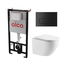 Комплект инсталляции AlcaPlast с подвесным безободковый унитазом MERZBACH 043 GL-WT (сиденье ультратонкое микролифт) I кнопки смыва цвет черный 