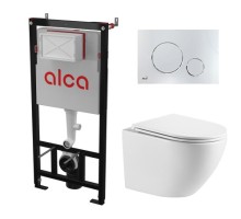 Комплект инсталляции AlcaPlast с подвесным безободковый унитазом SantiLine SL-5005 (сиденье ультратонкое микролифт) I кнопки смыва цвет хром глянец