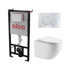 Комплект инсталляции AlcaPlast с подвесным безободковый унитазом SantiLine SL-5005 (сиденье ультратонкое микролифт) I кнопки смыва цвет хром глянец