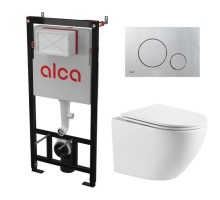Комплект инсталляции AlcaPlast с подвесным безободковый унитазом SantiLine SL-5005 (сиденье ультратонкое микролифт) I кнопки смыва цвет хром мат
