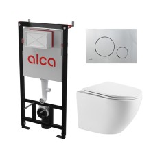 Комплект инсталляции AlcaPlast с подвесным безободковый унитазом SantiLine SL-5005 (сиденье ультратонкое микролифт) I кнопки смыва цвет хром мат