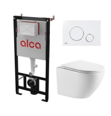 Комплект инсталляции AlcaPlast с подвесным безободковый унитазом MERZBACH 043 GL-WT (сиденье ультратонкое микролифт) I кнопки смыва цвет бел/хром