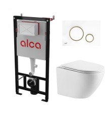 Комплект инсталляции AlcaPlast с подвесным безободковый унитазом SantiLine MERZBACH 043 GL-WT (сиденье ультратонкое микролифт) I кнопки смыва цвет бел/золотой