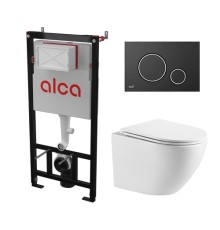 Комплект инсталляции AlcaPlast с подвесным безободковый унитазом MERZBACH 043 GL-WT (сиденье ультратонкое микролифт) I кнопки смыва цвет черный 