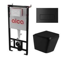 Комплект инсталляции AlcaPlast с подвесным безободковый унитазом GELBACH 043 GL-WT (сиденье ультратонкое микролифт) I кнопки смыва цвет черный