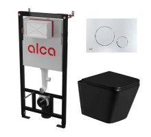 Комплект инсталляции AlcaPlast с подвесным безободковый унитазом GELBACH 043 GL-WT (сиденье ультратонкое микролифт) I кнопки смыва цвет хром глянец 