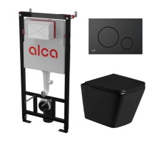 Комплект инсталляции AlcaPlast с подвесным безободковый унитазом GELBACH 043 GL-WT (сиденье ультратонкое микролифт) I кнопки смыва цвет черный 