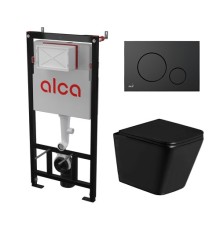Комплект инсталляции AlcaPlast с подвесным безободковый унитазом GELBACH 043 GL-WT (сиденье ультратонкое микролифт) I кнопки смыва цвет черный 