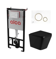 Комплект инсталляции AlcaPlast с подвесным безободковый унитазом GELBACH 043 GL-WT (сиденье ультратонкое микролифт) I кнопки смыва цвет бел/золотой 