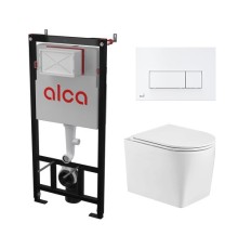 Комплект инсталляции AlcaPlast с подвесным безободковый унитазом NESENBACH 004 GL-WT (сиденье ультратонкое микролифт) I кнопки смыва цвет бел/золотой