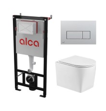 Комплект инсталляции AlcaPlast с подвесным безободковый унитазом NESENBACH 004 GL-WT (сиденье ультратонкое микролифт) I кнопки смыва цвет хром