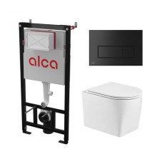 Комплект инсталляции AlcaPlast с подвесным безободковый унитазом NESENBACH 004 GL-WT (сиденье ультратонкое микролифт) I кнопки смыва цвет черный