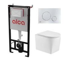 Комплект инсталляции AlcaPlast с подвесным безободковый унитазом NESENBACH 004 GL-WT (сиденье ультратонкое микролифт) I кнопки смыва цвет хром глянец