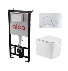 Комплект инсталляции AlcaPlast с подвесным безободковый унитазом NESENBACH 004 GL-WT (сиденье ультратонкое микролифт) I кнопки смыва цвет хром глянец