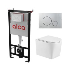 Комплект инсталляции AlcaPlast с подвесным безободковый унитазом NESENBACH 004 GL-WT (сиденье ультратонкое микролифт) I кнопки смыва цвет хром мат