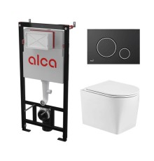 Комплект инсталляции AlcaPlast с подвесным безободковый унитазом NESENBACH 004 GL-WT (сиденье ультратонкое микролифт) I кнопки смыва цвет черный 