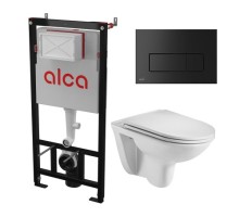 Комплект инсталляции AlcaPlast с подвесным безободковый унитазом BAARBACH 004 GL-WT (сиденье ультратонкое микролифт) I кнопки смыва цвет черный