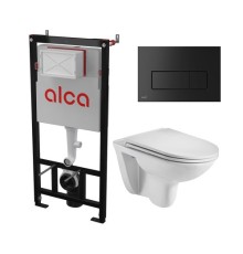Комплект инсталляции AlcaPlast с подвесным безободковый унитазом BAARBACH 004 GL-WT (сиденье ультратонкое микролифт) I кнопки смыва цвет черный