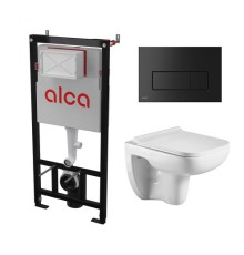Комплект инсталляции AlcaPlast с подвесным безободковый унитазом Kehlbach 004GL-WT (сиденье ультратонкое микролифт) I кнопки смыва цвет черный