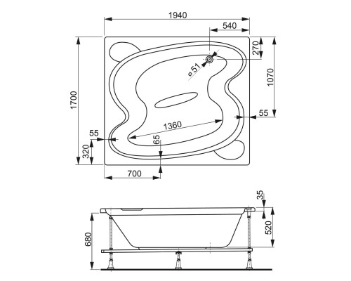 Акриловая ванна VagnerPlast Helios 194x170