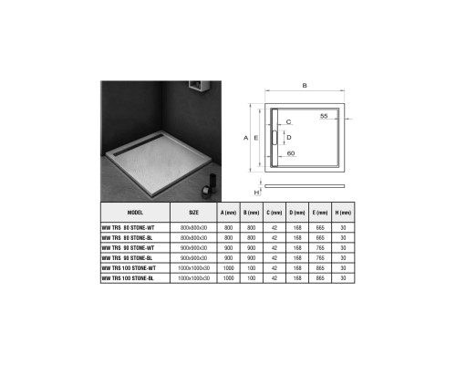 Душевой поддон с сифоном  WeltWasser TRS 80 STONE-BL Черный 800х800х30 мм