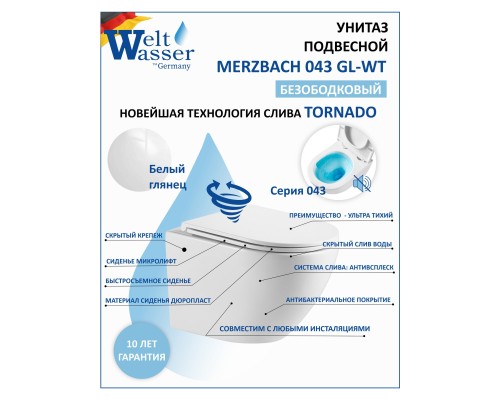 WW MERZBACH 043 GL-WT Унитаз подвесной, безободковый, торнадо, с сиденьем микролифт, белый