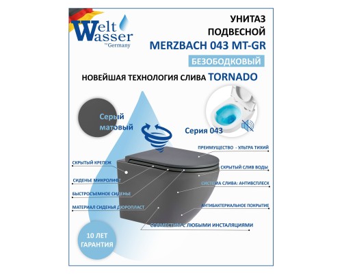 WW MERZBACH 043 MT-GR Унитаз подвесной серый матовый смыв торнадо с сиденьем микролифт 