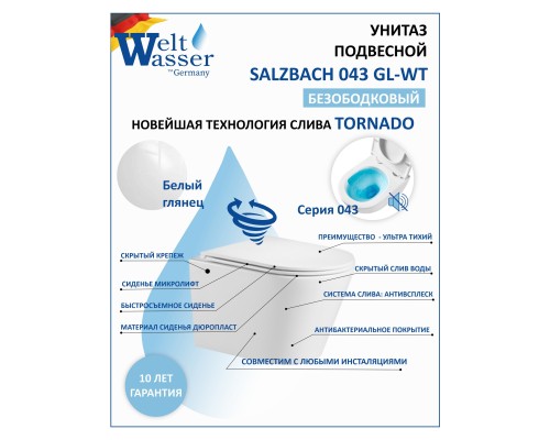 Унитаз подвесной WeltWasser Salzbach 043 GL-WT безободковый, торнадо, с сиденьем микролифт, белый глянец