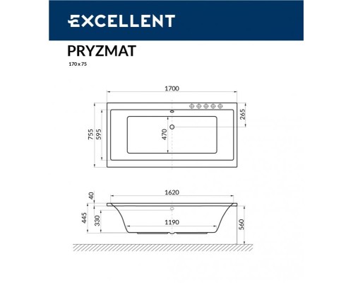 Акриловая ванна Excellent Pryzmat 170x75