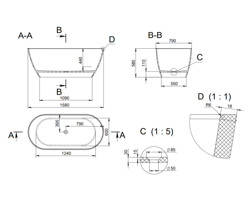 Ванна из каменной массы Solid Surface Holbi Venus New 158х79 см матовая белая-RAL