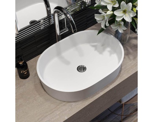 Раковина Holbi Ariel 55x40, из Solid Surface, Матовая, Черный логотип, цвет Белый с выпуском Раковина Holbi Ariel 55x40, из Solid Surface, Матовая, Черный логотип, цвет Белый с выпуском