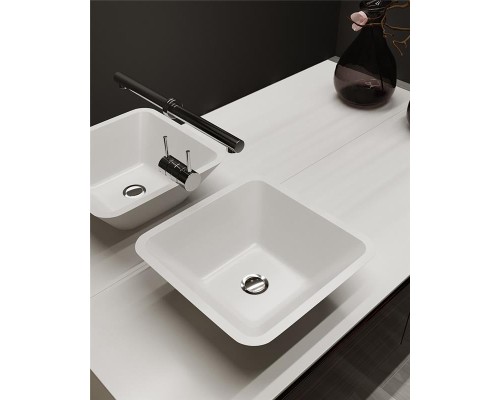Раковина Holbi Saturn 43x43, из Solid Surface, Матовая, Черный логотип, цвет Белый Раковина Holbi Saturn 43x43, из Solid Surface, Матовая, Черный логотип, цвет Белый