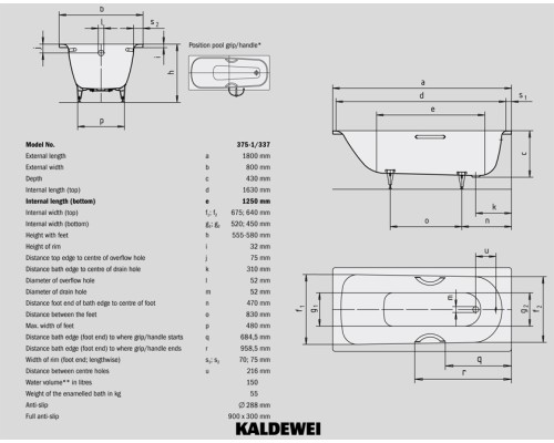 Ванна стальная Kaldewei Saniform Plus 375-1 180x80 (easy-clean), 112800013001 Ванна стальная Kaldewei Saniform Plus 375-1 180x80 (easy-clean), 112800013001
