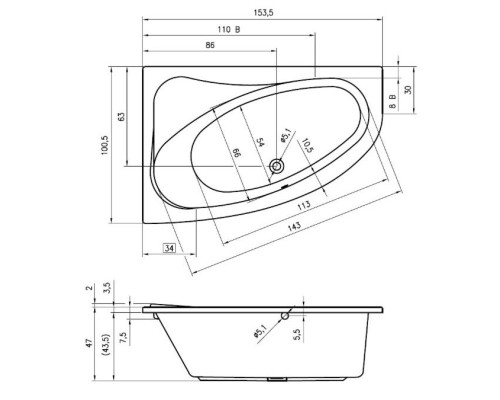 Акриловая ванна асимметричная Riho Aryl ранее «Lyra» 100.5 x 153.5 x 47 cm R, белый, B021001005