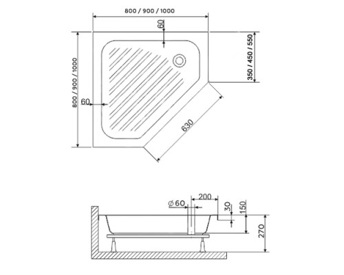 Душевой поддон трапеция RGW BT/CL-S белый акрил cерия Acryl (80*80) 16180588-51