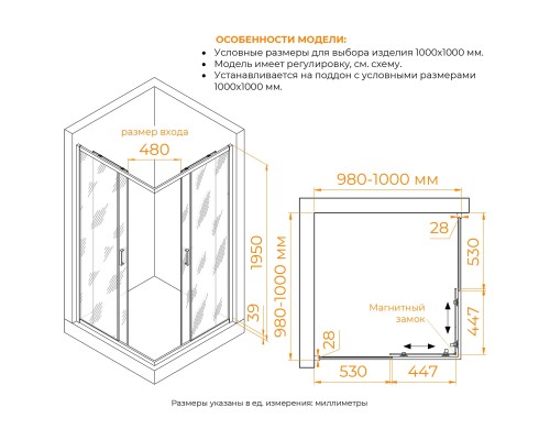 Душевой уголок RGW Passage RGW PA-39B 1000x1000 стекло прозрачное , профиль черный 