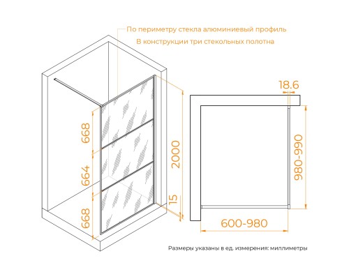 Душевая перегородка RGW 100x200 WA-09B стекло тонированное 8мм, профиль матовый черный