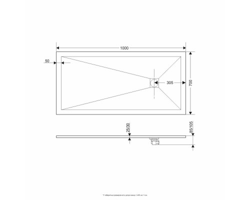 Душевой поддон RGW Stone Tray 70x100 см прямоугольный Графит \ Серый искусственный камень высота 2.5 см