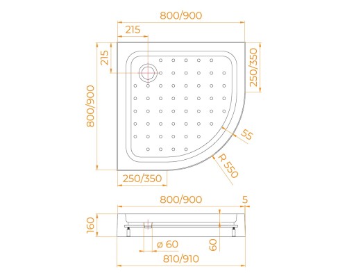 Душевой поддон полукруглый RGW LUX/TN-P белый акрил cерия Acryl (80*80) 16180488-41