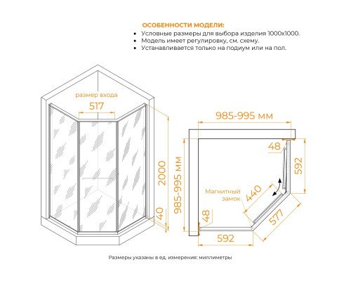 Душевой уголок RGW SV-82Gr "R" 1000x1000 стекло тонированное, профиль серый