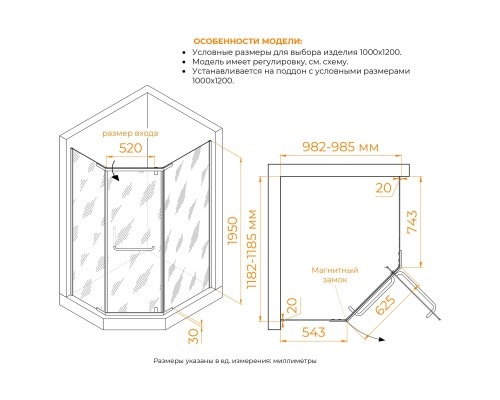 Душевой уголок  RGW PA-091-B 1000x1200 стекло прозрачное, профиль черный