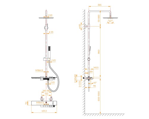 Душевая система RGW Shower Panels 51140134-06 SP-34G, термостатическая, цвет золото
