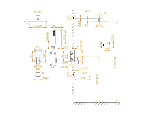 Душевая система RGW Shower Panels 51140856-06 SP-56G, скрытый монтаж, с изливом, золото