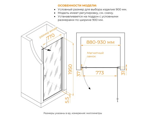 Душевые двери Распашные Passage (Пассаж) 90*195 стекло Тонированное цвет профиля Черный 54080309-34
