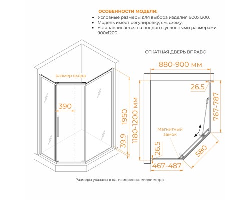  Душевой уголок стекло 6 мм, пятиугольный, форма трапеция, раздвижная дверь, RGW PA-86, Матовое-Сатинат, 900x1200