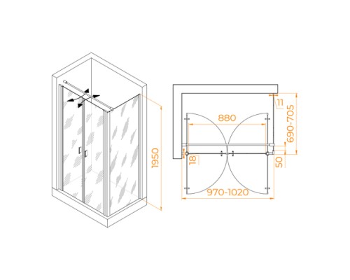 Душевой уголок RGW PA-144B (PA-104B + Z-050-2B + O-104B) 1000х700 стекло прозрачное, профиль черный 