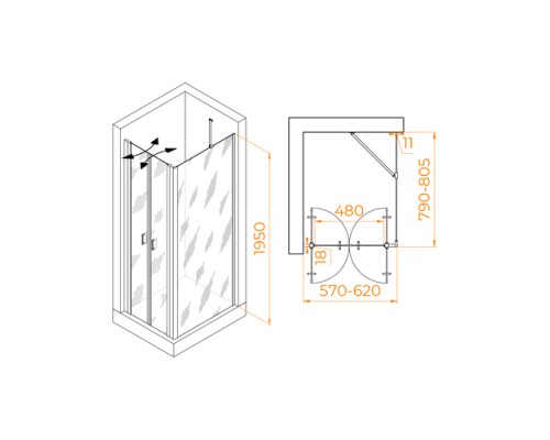 Душевой уголок RGW PA-144 (PA-104+Z-050-2+O-204) 600x800  стекло прозрачное, профиль хром