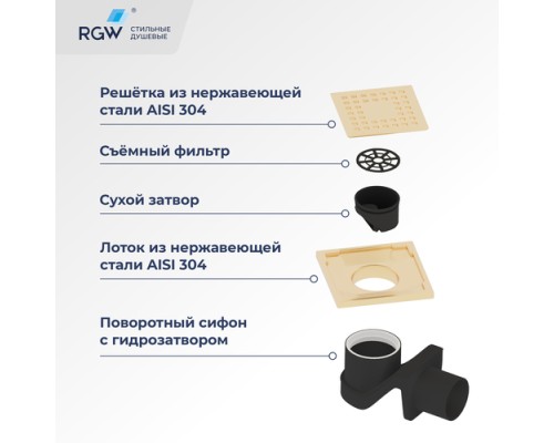 Душевой трап RGW Drain Leo-01-10Gb, 60210110-06, 10 х 10 см, решетка золото матовое