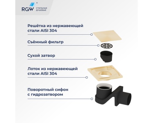 Душевой трап RGW Drain Leo-02-10Gb, 60210210-06, 10 х 10 см, решетка золото матовое