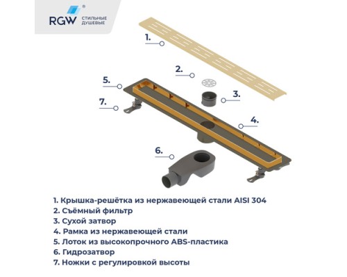Душевой лоток RGW Drain Leo-30-60 прямой 600 золото браш, Ø 50 мм на ножках, сифон 60213060-06